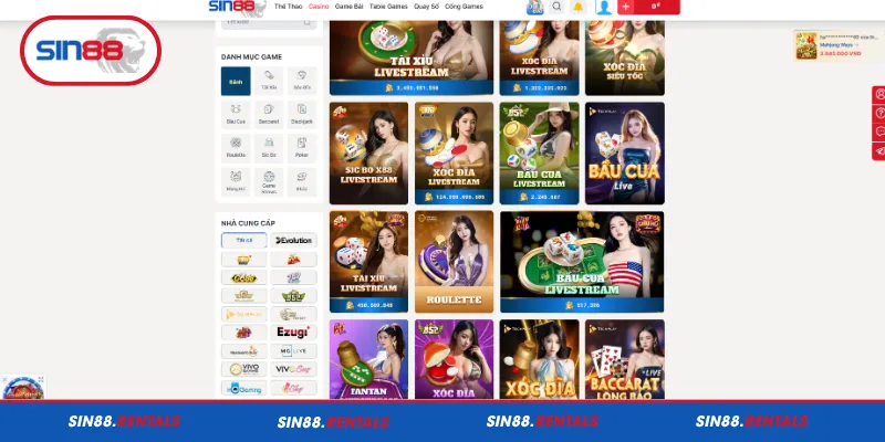 Các thương hiệu game hàng đầu trên nền tảng Casino Sin88