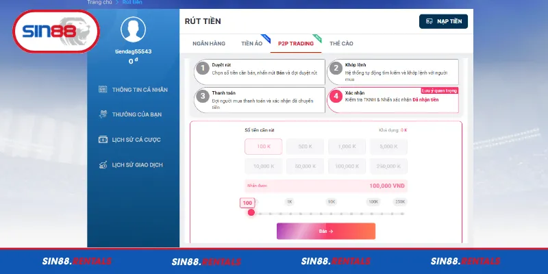 Giao dịch rút tiền Sin88 thông qua P2P