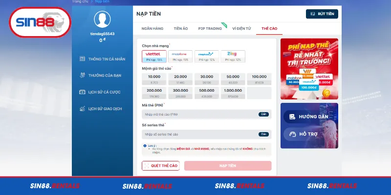 Nạp tiền Sin88 bằng thẻ cào