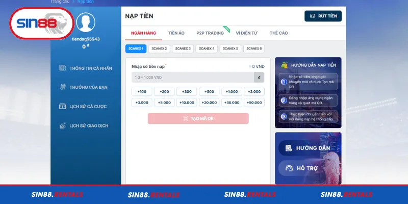 Nạp tiền vào Sin88 qua hình thức chuyển khoản ngân hàng