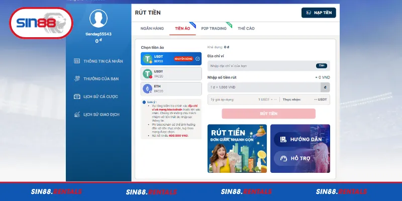 Rút tiền bằng USDT trên Sin88